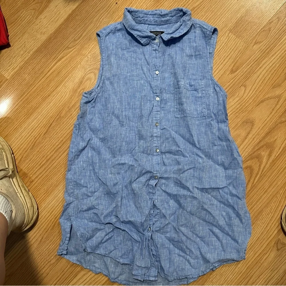 Jones & co 100% linen sleeveless blue casual baggy button down shirt size medium